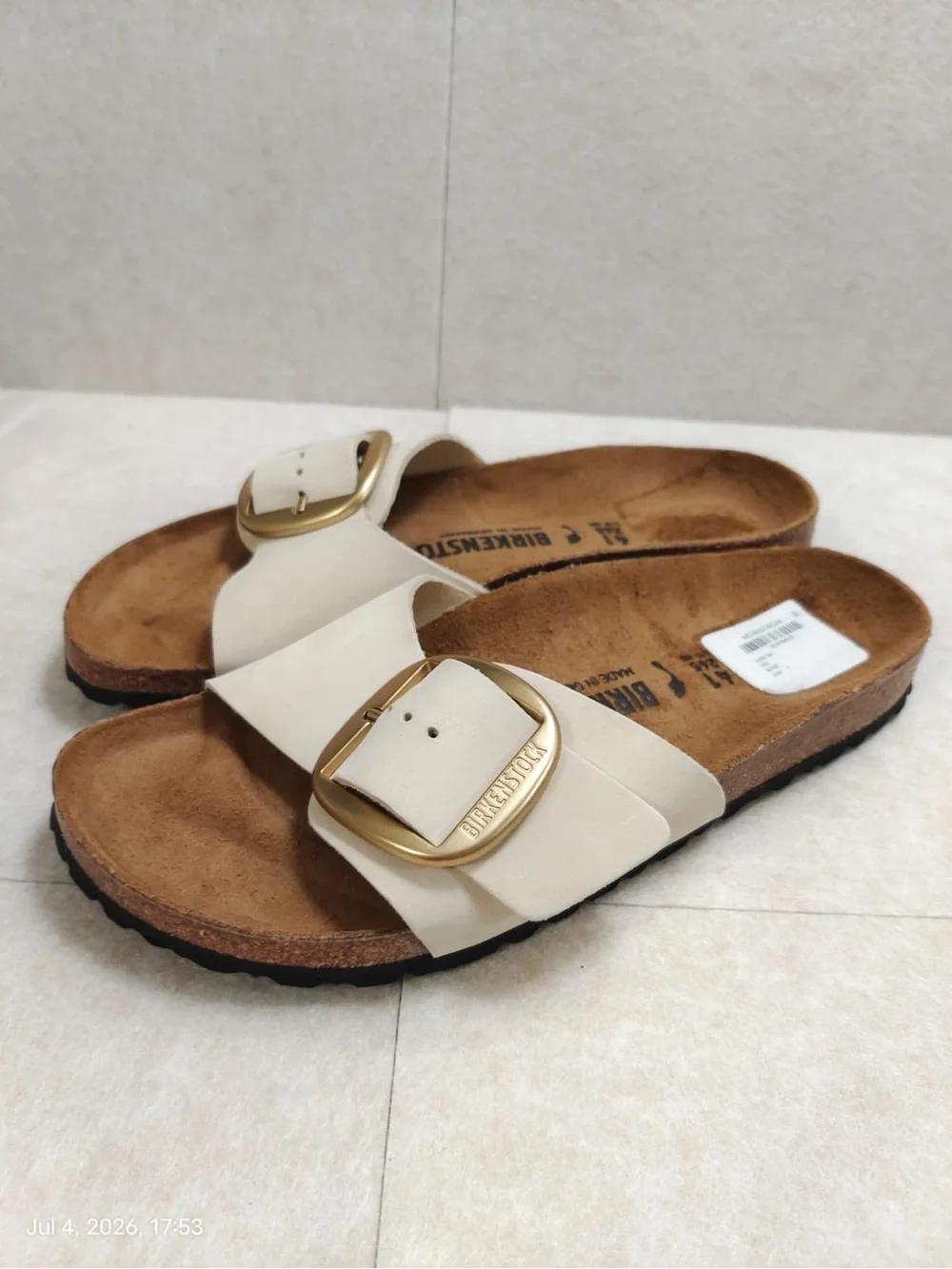New Birkenstock White Sandals with Gold Buckles